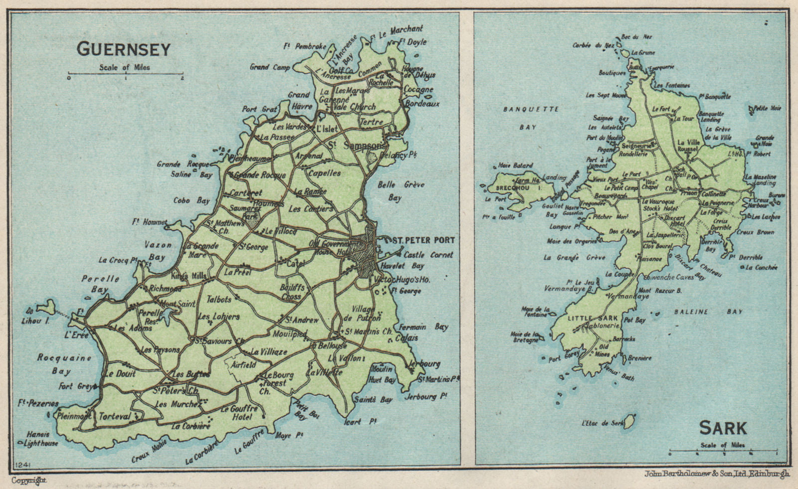 GUERNSEY & SARK. Vintage map plan. Channel Islands. St Peter Port 1957 old